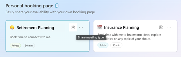 Een openbaar en een privé vergadertype op de Bookings-startpagina