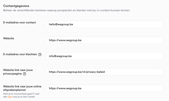 De contactinformatie van je kantoor in de WeGroup-instellingen, met het veld voor je online afsprakenplanner